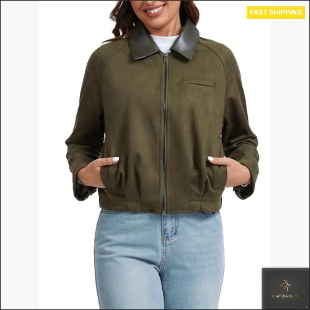 Faux Suede Cropped Bomber Jacket with Contrast Collar Zip Up Casual - Picture 5 of 7